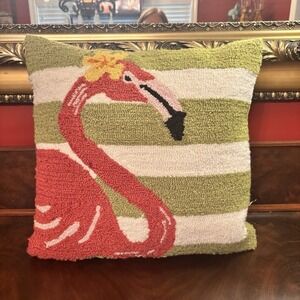 Flamingo Hooked Pillow 18x18 Tropical‎ Coastal Decor Green Stripe Accent Pillow